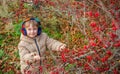 Little boy on an autumn day near the fruit tree Crataegus monogyna