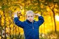 A little boy in an autumn Park. A happy child throws fallen leaves up while playing in an autumn Park. Children walk in the autumn Royalty Free Stock Photo