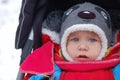 Little boy in a baby carriage for a walk in the winter. He is dressed in warm clothes and a warm hat Royalty Free Stock Photo