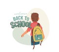 Little boy with backpack go to school for the first time. Back to school vector design with greeting text isolated on