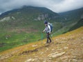 Little boy with backpack hiking in scenic mountains