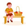 Little boy with a basket of Easter eggs are sitting on a bench. With rabbit ears. Egg hunt. Vector illustration in flat cartoon Royalty Free Stock Photo