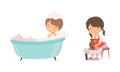 Little Boy Bathing in Bathtub with Foam and Girl Modelling Vase from Clay Vector Set Royalty Free Stock Photo