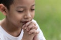 Little boy with Bible praying and close your eyes in praying. Prayer to pray. Children pray with folded hands Royalty Free Stock Photo