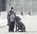 Little boy with big black dog Royalty Free Stock Photo