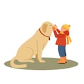 Little boy and with big fluffy brown dog friend, companion Royalty Free Stock Photo