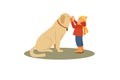 Little boy and with big fluffy brown dog friend, companion Royalty Free Stock Photo