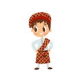 Flat vector icon of little boy in traditional Scottish kilt costume. Child wearing shirt, bright red plaid skirt and hat