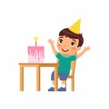 Little boy with birthday cake flat vector illustration. Child in party hat celebrating anniversary cartoon character Royalty Free Stock Photo