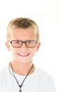 Little boy blond with glasses portrait wear white