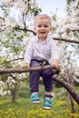 Little boy blond in a white shirt and blue pants sitting on flowered tree