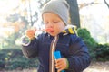 Little boy blowing soap bubbles in autumn park Royalty Free Stock Photo