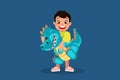 Little boy with a blue baby dinosaur toy cartoon design Royalty Free Stock Photo