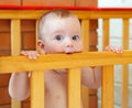 Little boy with blue eyes bites wooden board of his bed Royalty Free Stock Photo