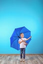 Little boy with blue umbrella near color wall Royalty Free Stock Photo