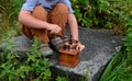 a little boy borrowed a manual coffee grinder and grinded biscuits.