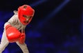 Little boy in boxing gloves on ring training. Copy space. Dark background Royalty Free Stock Photo