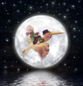 The little boy and brown pelican fly against the full moon in night sky