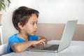 Little boy browses the internet on a laptop. Modern lifestyle