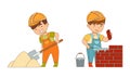 Little Boy Builder Wearing Hard Hat and Overall Digging with Shovel and Laying Bricks Vector Set