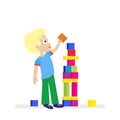 Little boy building a big tower of colorful cubes. A child plays. Young builder. Flat character isolated on white