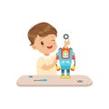 Little boy building a robot, robotics and programming for kids, educational project concept vector Illustration on a