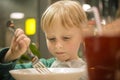 Little boy in a cafe eating dumplings