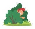 Little Boy in Cap Playing Hide and Seek Concealing Behind Green Bush Vector Illustration