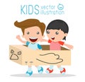 Little boy in a cardboard airplane, Creative kids plays with his cardboard airplane on white background