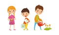 Little Boy Carrying Paper for Recycling and Girl Holding Seedling Vector Illustration Set