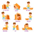 Little Boy and Carton Box as Prepositions of Place Demonstration Vector Set