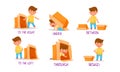Little Boy and Carton Box as Prepositions of Place Demonstration Vector Set