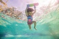 A little boy in a cartoon swimsuit is diving and playing in the swimming pool Royalty Free Stock Photo