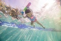 A little boy in a cartoon swimsuit is diving and playing in the swimming pool Royalty Free Stock Photo