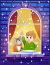 Little boy and a cat look out the window at the snowfall. A winter night. Vector illustration Royalty Free Stock Photo