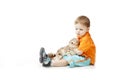 Little boy with a cat on a white background Royalty Free Stock Photo