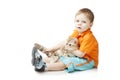 Little boy with a cat on a white background Royalty Free Stock Photo