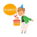 Little Boy Celebrating Birthday Blowing Candles on Cake Learning English Word Vector Illustration