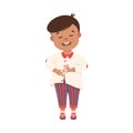 Little Boy Changing His Clothes Putting on Pajama Buttoning It Vector Illustration