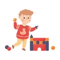 Little Boy Character Building Castle with Toy Blocks Vector Illustration