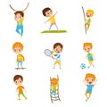 Little Boy Character Doing Different Sport Activity Big Vector Set Royalty Free Stock Photo