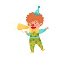 Little Boy Character Dressed in Fancy Clown Costume Talking Megaphone or Loudspeaker Vector Illustration