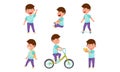 Little Boy Character Engaged in Computer Game Playing, Skateboarding and Cycling Vector Illustration Set