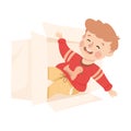 Little Boy Character Playing with Cardboard Box Laughing Out Loud Vector Illustration Royalty Free Stock Photo