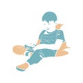 Little boy character playing video game. Kid sitting with joystick game controller. Vector cartoon gamer illustration