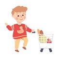 Little Boy Character Pushing Shopping Cart with Grocery Product Vector Illustration