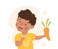 Little Boy Character Showing Dislike and Disgust Holding Carrot Vector Illustration