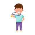 Little Boy Character Standing and Holding Gold Medal Vector Illustration Royalty Free Stock Photo