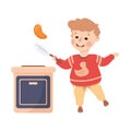 Little Boy Character Tossing Pancake on Frying Pan on Cooking Stove Vector Illustration