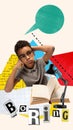 Little boy, child in glasses doing homework, feeling very tired and bored of studying. Contemporary art collage. Royalty Free Stock Photo